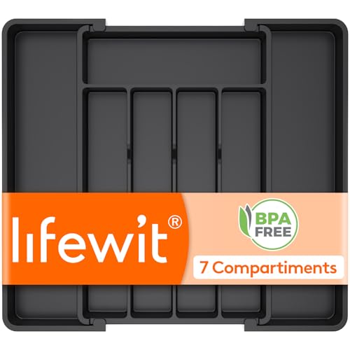 Lifewit Range-couverts pour tiroirs - Profondeur : 35 cm - Extensible jusqu'à 41 cm - En plastique - Range-couverts - Organiseur de cuisine pour cuillères/fourchettes - Noir