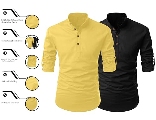 Image of FINIVO FASHION Combo of Men's Cotton Blend Solid Regular Fit Full Sleeve Straight Short Kurta Shirt, Casual and Formal Wear