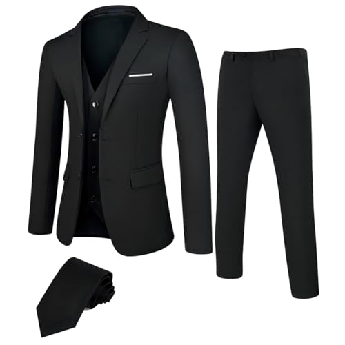 DEETRUST Men's 3 Piece Slim Fit Suit Set, 2 Button Blazer Jacket Vest Pants with Tie, Mens Suit for Party, Wedding & Business