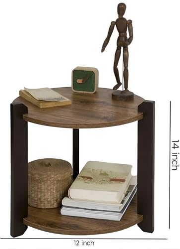 Image of Shoper cart Round End Table with 2-Tier Storage Shelf, Room Decoration Items for Bedroom, Side Tables for Bedroom, Home Decor for Living Room, Walnut Wood Top with Black Wooden Legs, 30x36 cm