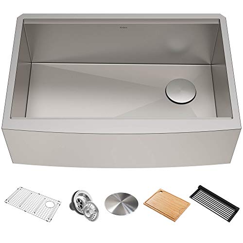 Kraus KWF210-33 Kore Workstation 16 Gauge Farmhouse Single Bowl Stainless Steel Kitchen Sink with Integrated Ledge and Accessories (Pack of 5), 33 Inch Rounded Apron Front