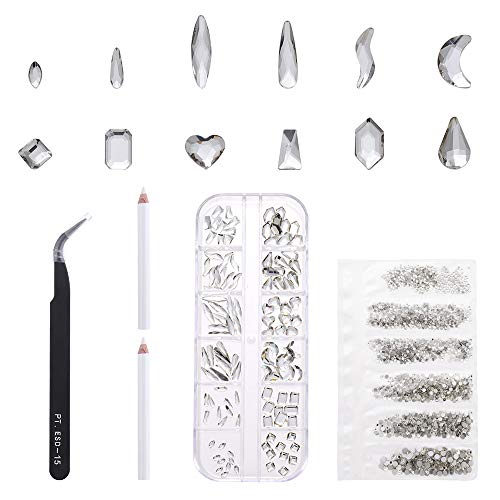 Legenstar Clear Crystal Rhinestones For Nails Crafts Set,1920 Pcs Round and 120 Pcs Multishape Gems Nail Art Flatback Rhinestones for Makeup Face and Nail Jewelry,with Tweezer and Picking Pen