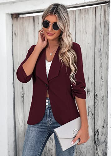 Beyove Women's Three Quarter Sleeve Solid Casual Work Office Slim One Button Short Blazer Wine Red M