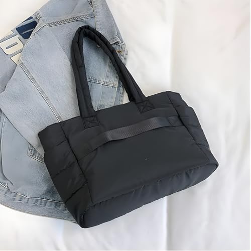 Image of Quilted Puffy Tote Bag for Women | Large Capacity | Soft Nylon Padded Design | Lightweight & Spacious | Ideal for Work, Travel, Shopping (Biege)