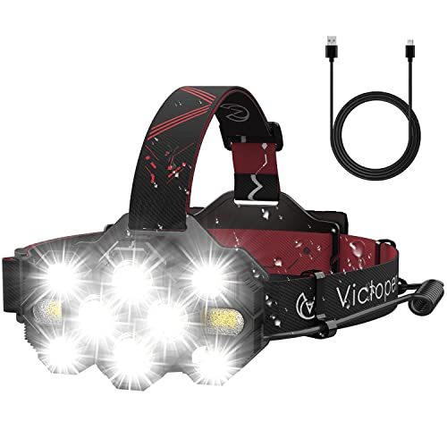 Victoper Headlamp Rechargeable, 22000 Lumens Super Bright 10 LED Head Lamp, 8+2 Mode Head Light with Red Light for Adult, Waterproof Head Flashlight for Outdoor Running, Hunting, Camping, Red&Black