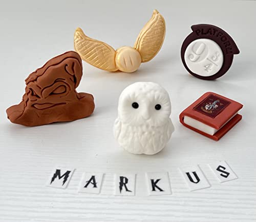 Harry Potter Personalised Cake Toppers Set - Kids Birthday Fondant Icing Wizard Decoration Supplies - Hedwig Owl Snitch Notebook Hat Platform Badge - Comes with an Edible Glue & Extra Gift - 5 Pcs