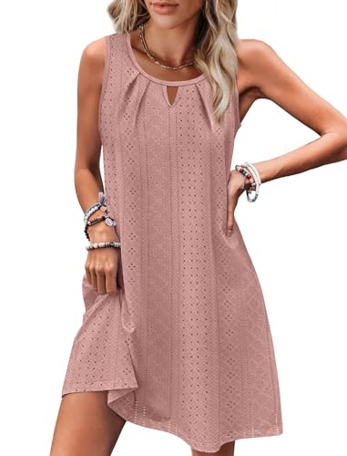 Image of RUMIA Swimsuit Coverup for Women Summer Sleeveless Beach Dress | Crew Neck, Pockets, Eyelet, Boho, Above knee Length, A-Line. Everyday wear, Sundresses, Cruise Wear, Vacation essential