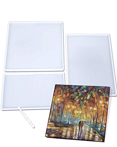 3 Pack Large Resin Tray Mold, Oversize Large Resin Molds for Flowers, DIY Resin Coaster Silicone Mold with 1 Square 10in, 2 Rectangle Shape, 1 Silicone Stirrer, Epoxy Resin Art Kit Molds