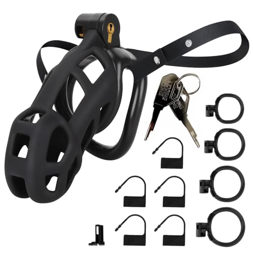 Image of Male Chastity Cage with Belt + 4 Ball Rings & Invisible Lock - Ultralight Fit Design for Long Term Wear, Secure BDSM Device (L-100mm) [Black]- Breathable Large Penis Cage Sex Toy for Men
