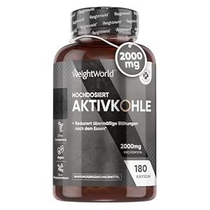 Aktivkohle Kapseln – 2000mg pro Portion – 180 vegane Kapseln – Quelle von Eukalyptus und Acacia Nilotica Rinde – Hochdosiert – 1 Monate Vorrat – WeightWorld