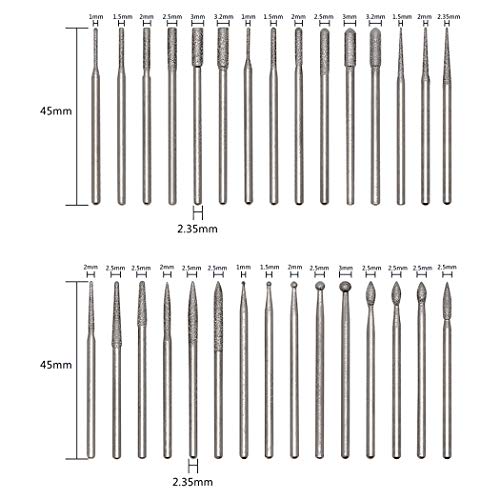 AmzBarley リューター ビット 2.35mm リューター ダイヤモンドビット 【2.35mm軸 30本入り】 ルータービット ミニルーター ビット ダイヤモンドヤスリ 超硬バー 切削 彫刻 研磨用 ペンルーター用 研磨ビット 超硬ドリル ルーター 工具 ビット 種類豊富 DIY工具 PVCボックス付き