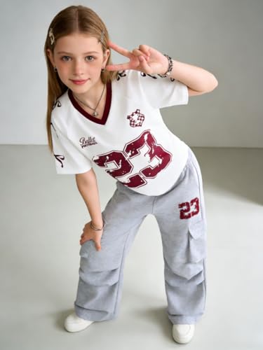 Image of Tween Girls Clothes Short Sleeve Graphic T-Shirt Top + Cargo Pants 2pcs Outfit Set, Size 7-15Years