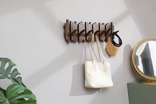 Image of Natural Wood Wall Mounted Piano Coat Rack| Coat Rack Wall Mount| Flip Down Wall Hook Rack 7 Hooks| Entryway Wall Art Hook,Made of Acacia Wood (Wood Wax Oil Dyed Walnut Color).Wall Art