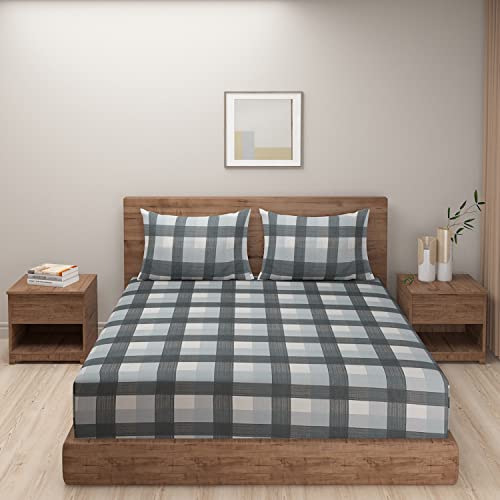 Image of Swayam Pure Cotton King Fitted Bedsheet with 2 Pillow Covers | Size 72 x 78 x 10 inch | 160 TC | Checkered Design | Soft Breathable Bed Sheet | Comfortable & Durable for Bedroom - Grey
