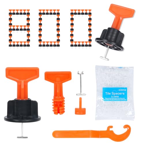 Reusable 1/16" Tile Leveling System Kit (800pcs) w/ 4000 1/8" Cross Spacers + 16 Wrenches & 100 Steel Pins - Professional Floor Installation Tools(800, 1/8)