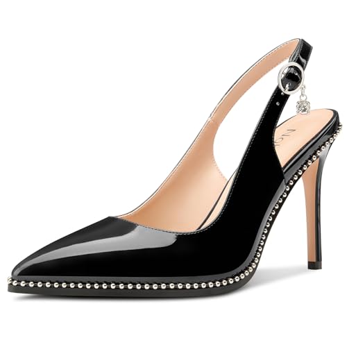 Image of NobleOnly Slingback Beaded Pumps for Women High Stiletto Heel Pointed Toe Slip-on Dress Sandals Adjustable Buckle Rhinestone Patent Leather 3.9 Inches Heels