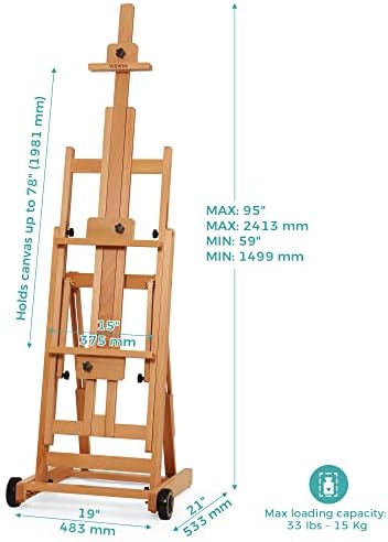 VISWIN Portable Collapsible H-Frame Easel of Maximum Height 95", Holds 2 Canvas Art, Up to 78", Movable Floor Stand Easel with 2 Silent Caster Wheels, Solid Beech Wood Artist Painting Easel - Natural