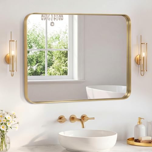 Image of Sweetcrispy Bathroom Mirror 36x32 Inch Metal Framed Rounded Rectangle Vanity Mirror for Wall, Over Sink, Farmhouse, Restroom, Anti-Rust, Modern Decorative, Horizontal or Vertical Hanging, Gold