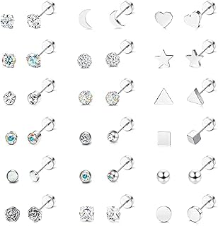Kakonia 18 Pairs Tiny Cartilage Stud Earrings Set for Women Men Star Moon Heart Triangle Ball CZ Small Screwback Flat Back Stud Earrings Stainless Steel Stud Earrings Set
