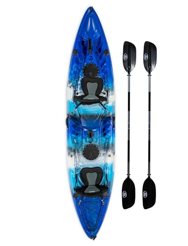 BKC TK219 12.2' Tandem Fishing Kayak W/Soft Padded Seats, Paddles,6 Rod Holders Included 2-3 Person Angler Kayak (Blue)