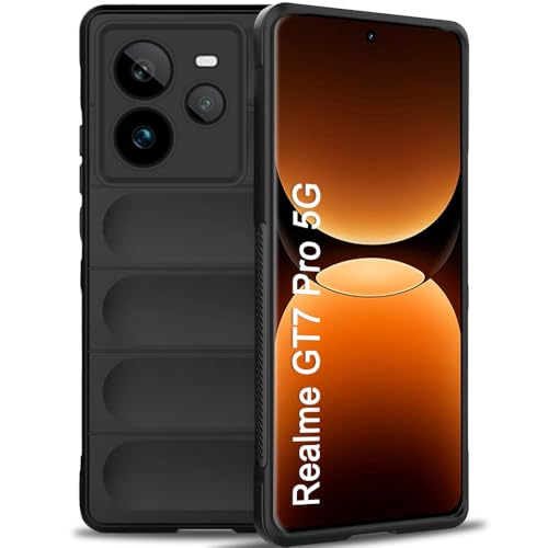 Image of TheGiftKart Liquid Silicon Back Cover Case for Realme GT 7 Pro 5G | Shockproof Military Grade Protection | Micro-Fibre Cloth On Inner Side | Anti-Slip Grip Back Case for Realme GT7 Pro (TPU, Black)