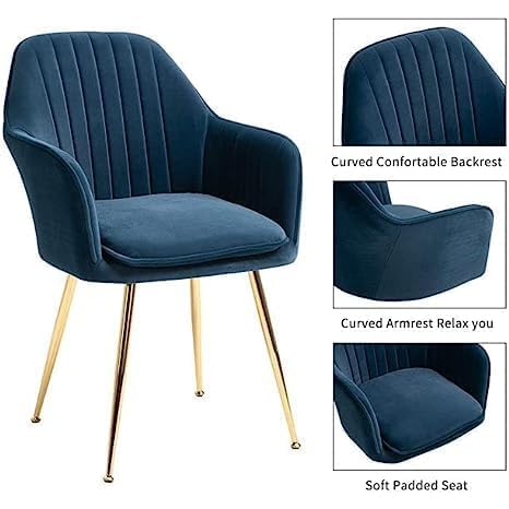 Image of Blue Velvet Chair for Home | Modern Accent Armchair in Soft Velvet Fabric with Golden Legs | Set of 2 Premium Accent Chair for Living Room Bedroom Restaurent | Blue, 2 pc