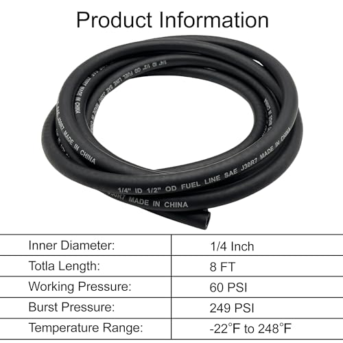 Image of 1 /4 inch ID Fuel Line Braided NBR Rubber Hose Tubing 8 Feet | For Automotives Generators Lawn Mowers Tractors and Small Engines with 10 Clamps SAE J30R7 Specification 6.4mm ID