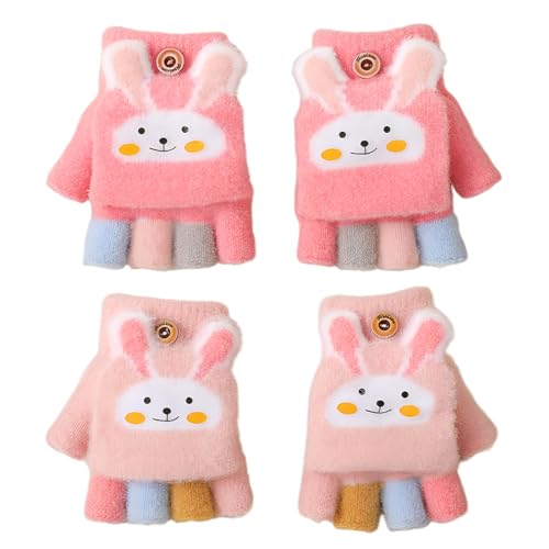 EJRUP Guanti Bambina 2 paia di guanti per bambini in tulle di cristallo per autunno-inverno (rosa chiaro + rosa scuro), carino motivo di coniglio