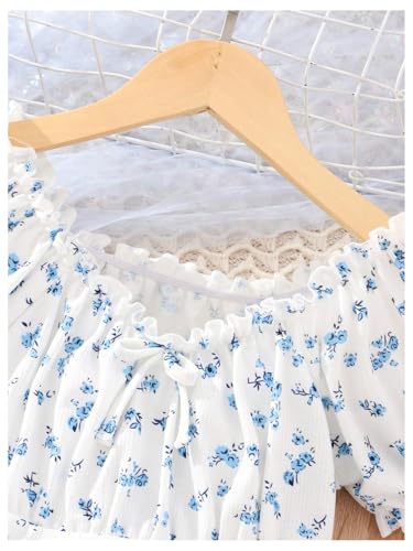 Floerns Girl's Summer Floral Puff Sleeve T Shirts Frill Trim Bow Front Crop Tops3