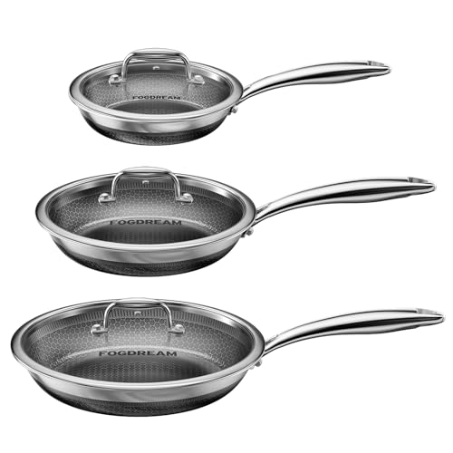 FogDream Non Stick Frying Pans Set, 8, 10 & 12 Inch Stainless Steel Pans with Lids Tri-Ply Stainless Steel Skillets for All Cooktops, Dishwasher & Oven-Safe Cooking Pan, Stay-Cool Handle, Si