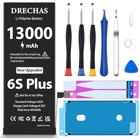 [13000mAh]Battery for iPhone 6S Plus, New Upgraded High Capacity 0 Cycle Li-Polymer Replacement Battery for iPhone 6S Plus Models A1634, A1687, A1699 with Complete Professional Repair Tool Kit Cover