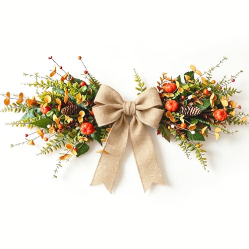 24" Fall Swag for Front Door Floral Teardrop Swag Autumn Wreath with Mini Pumpkins Pinecones Berries Green Leaves, Thanksgiving Harvest Decor for Fireplace Mantel Entryway Mirror Farmhouse Home