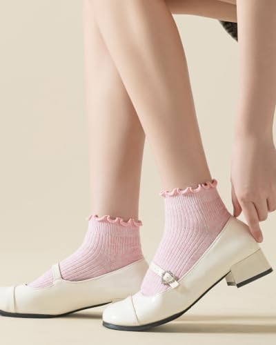 Image of Mcool Mary Womens Ankle Ruffle Socks Casual Cotton Frilly Breathable Cute Knit Lettuce Trim No Show Socks 6 Pack