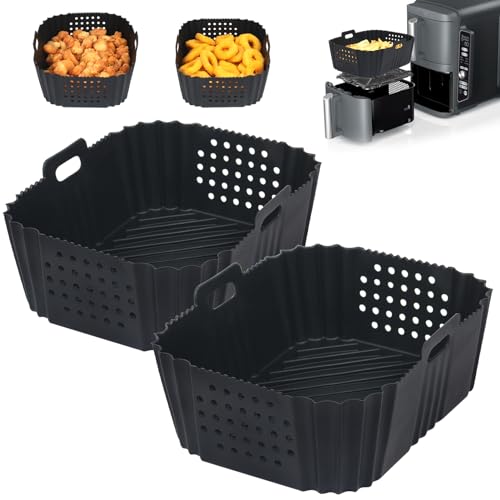 Image of GINOYA Air Fryer Liners for Ninja Double Stack XL 9.5L Air Fryer SL400UK, 2PCS Air Fryer Silicone Accessories with Side Cut-Out Design for AF400UK/AF451UK Dual Drawer 9.5L AirFryer(Black)