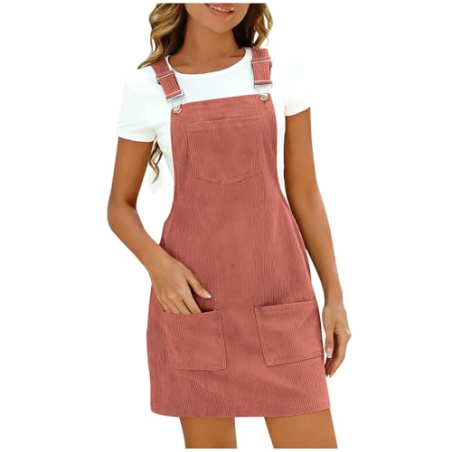 Women's Corduroy Overall Dresse Casual Pinafore Dress Square Neck Solid Pocket Front Wide Straps Short Dungarees Sleeveless Vintage Mini Dress Pink