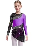 ranrann Maillot Brillante de Baile para Niña Vestido de Patinaje Artístico de Manga Larga Maillot con Falda Malla de Danza Body de Baile Latino 3-16 Años Púrpura 5-6 años