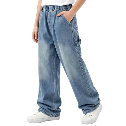 Image of Tokeya Boys Baggy Jeans Elasticated Waist Kids Wide Leg Long Trousers with Pockets Casual Straight Loose Fit Jeans Vintage Outdoor Streetwear Denim Pants for Teenager 14-15 Years, Blue