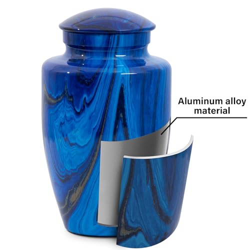 Image of Handcrafted Cremation Urns for Human Ashes Adult Man and Woman | Large Urns for Ashes Adult Male and Female,Decorative Funeral Urns - Memorial Urn with Blue Marble Finish(Up to 200IBS)