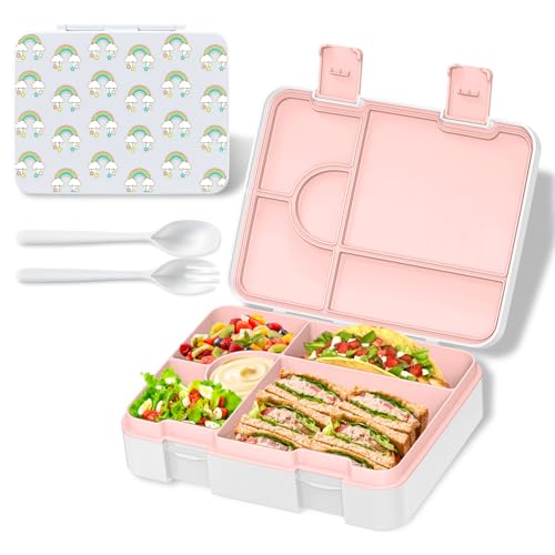 Image of Bento Lunch Box for Kids, Leak-Proof 5-Compartment Cute Lunchbox for Boys Girls, Drop-Proof, Food Container Microwave & Dishwasher Safe, Back to School Supplies for Ages 3 to 7, White /Rainbow
