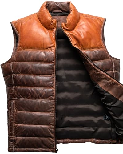 Men's American Style Quilted Puffer Down Vest - Two Tone Tan & Brown Faux And Real Leather Waistcoat2
