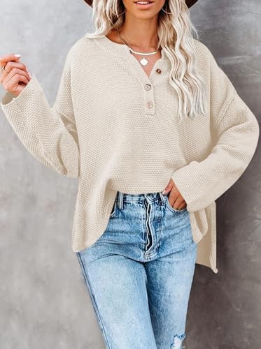 Pink Queen Women'S Button Oversized Sweater Batwing Long Sleeve V Neck Henley Top Fall Pullover Knit Jumper Beige M thumb #2