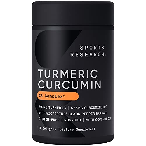 Sports Research Turmeric Curcumin C3 Complex - Softgels With Bioperine Black Pepper Extract & Organic Coconut Oil, Standardized 95% Curcuminoids - Non-Gmo Verified & Gluten Free - 500Mg, 60 Count #TOP19