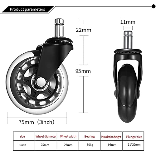McNory Zwenkwiel voor bureaustoel, vervangende wielen (Set van 5) - 7,62 cm robuuste wielen voor bureaustoel, vervangende rubber wielen, stil rollend en veilig voor hardhouten vloeren, laminaat, tapijt en tegels - Afbeelding 4