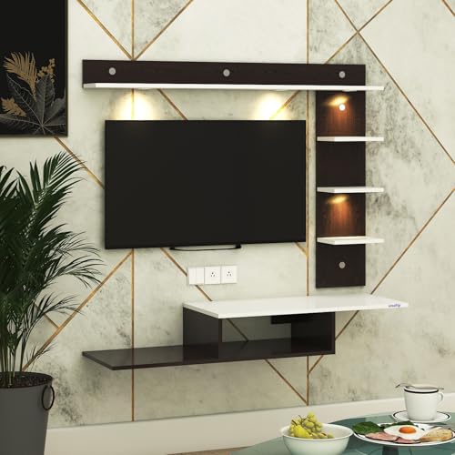Image of Wintor Engineered Wood Wall Mounted TV Unit with 4 LED Lights, 3 Open Shelves, 1 Storage Box & Decorative Display Shelf for Living Room | Ideal for Upto 43 Inch TV- Wenge /White(DIY Assembly)