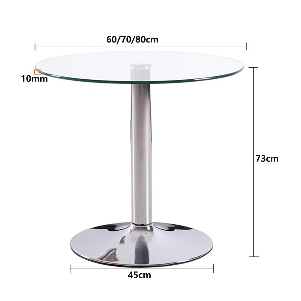 Rund Glas Sockeltisch Mit Platte Glas Küche Esstisch 60/70/80cm Modern Rund 2-4 Sitzer Frühstücks-Bistrotisch Chrom Fuß(Size:60cm)