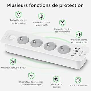 Prise encastrable avec 2 prises USB C, 4 prises, 4000 W, 16 A, pour plan de travail, plan de table, multiprise avec 4 prises USB, câble de 2 m, 1,5 mm, blanc
