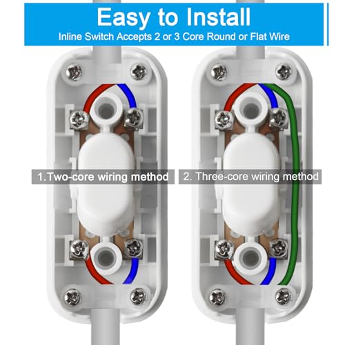 2 Stück Inline Schalter Zwischenschalter,Kabelschalter, 2-adrige und 3-adrige Zuleitungen, für alle Arten von Elektrischen Lampen, Tischlampen (weiß)