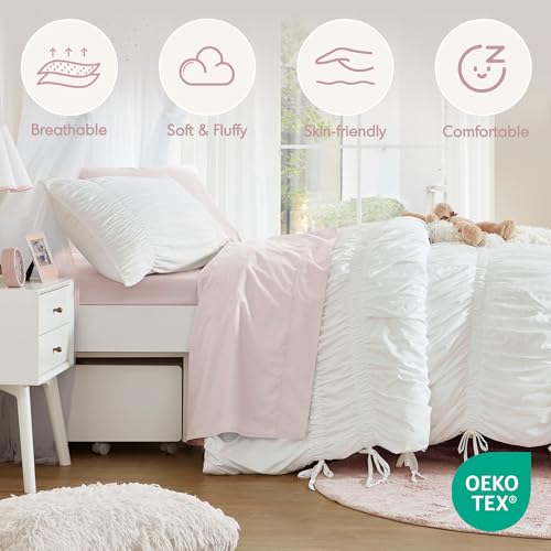 Image of Intelligent Design Ruched Shabby Chic White Twin XL Comforter Set, 2pc | Back to School Girls Dorm Bedding Set, French Country, All Season Down Alternative, Cozy, Machine Washable, Lightweight