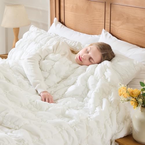 Image of White Comforter Set Full Size Bed in A Bag 7 Piece Pinch Pleat Bedding Set, Pintuck Ruched Square Bed Set with Comforter, Sheets, Pillowcases & Shams