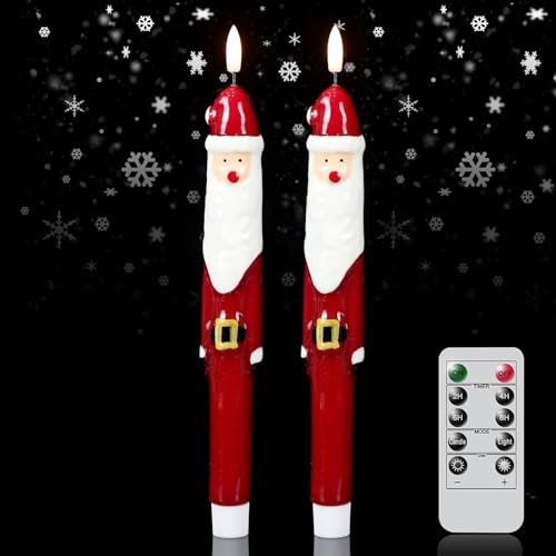 Image of Christmas Flameless Taper Candles, LED Flameless Candlesticks with Remote Timer, 2 Pcs Christmas Santa LED Taper Candles with 3D Flame, Christmas Decorations for Home Decor(0.79 inch x 11.4 inch)